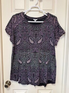 Lucky Brand Black and Purple Paisley Short Sleeve Tee
